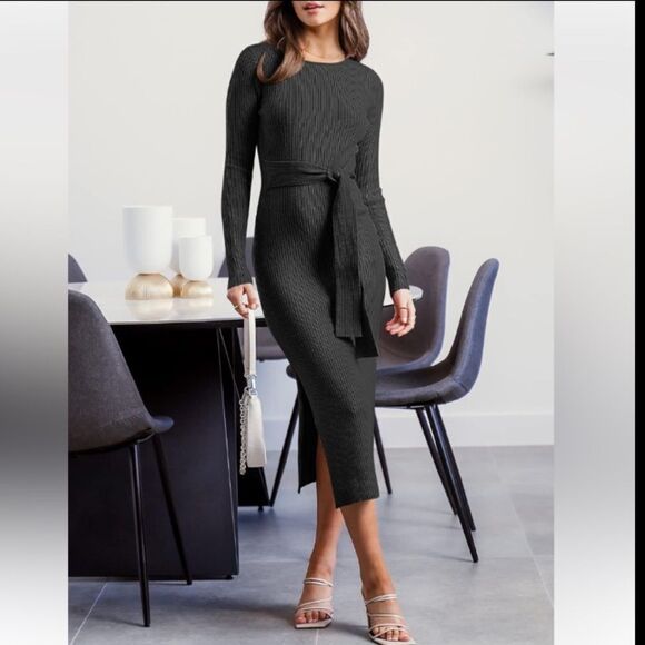 Sweater Dress Ribbed Knit Crewneck Belted Side Slits Long Sleeve Black Size M - Picture 11 of 11